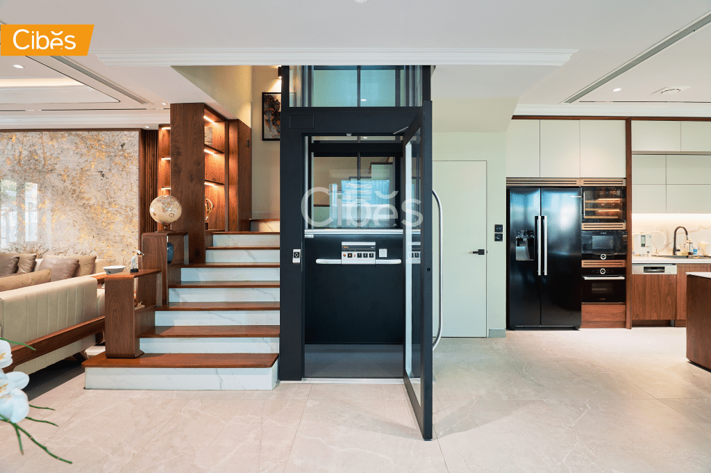 Cibes Uno home elevator with a compact, space-saving design in a modern interior