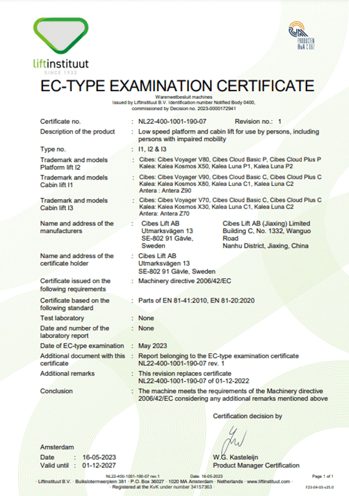 EN 81-41 certificate for Cibes home lift (EU standard for platform lifts)
