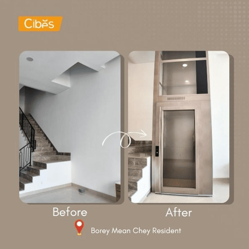 Before and after view of a home staircase retrofit, showing a residential elevator added to an existing house in Borey Mean Chey Resident.