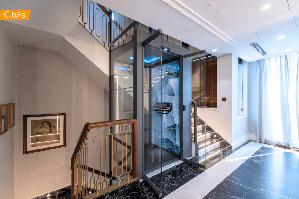 Glass Home Elevator Installed in the Middle of the Staircase.